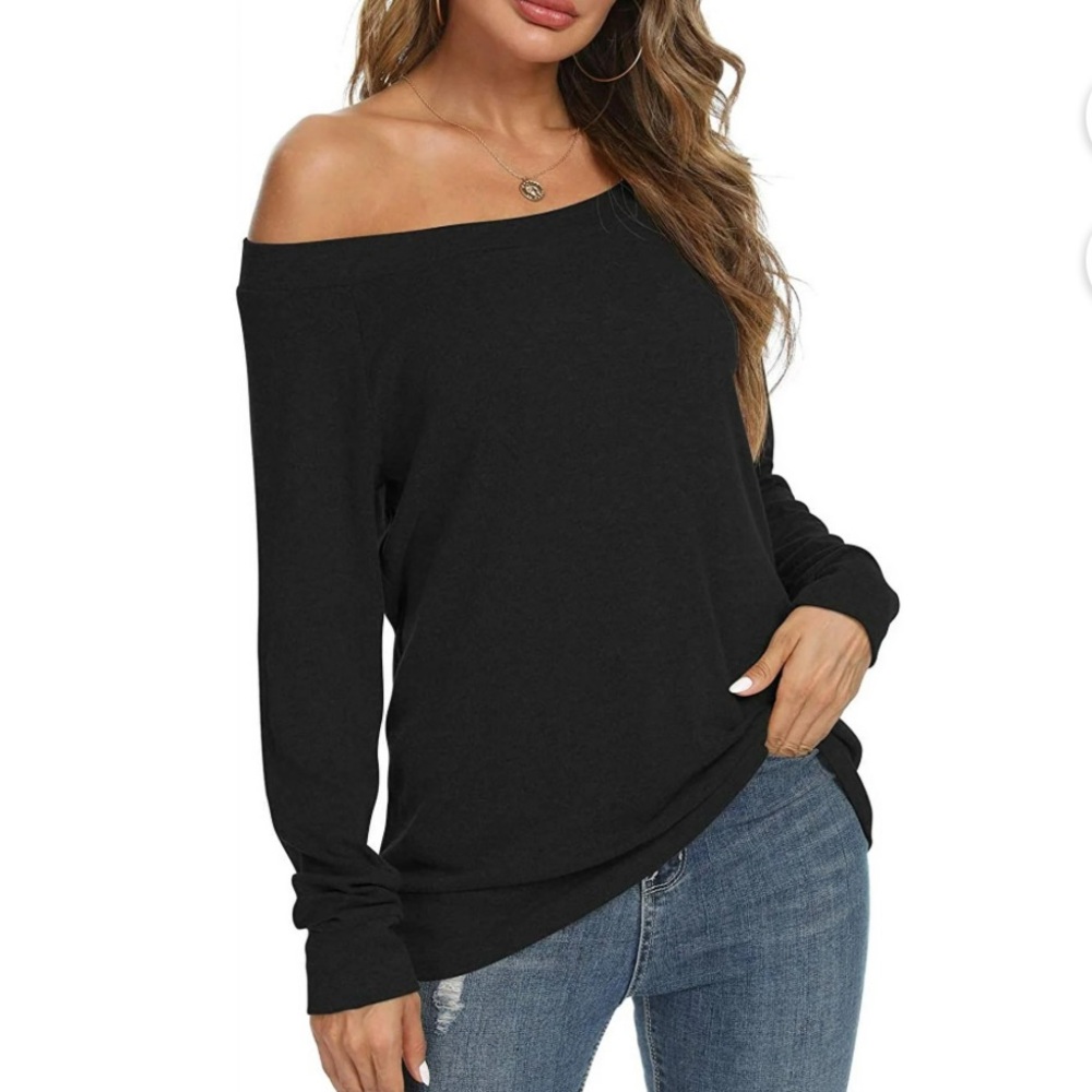 Pretty Garden black off-shoulder ribbed dolman style long sleeve top size small